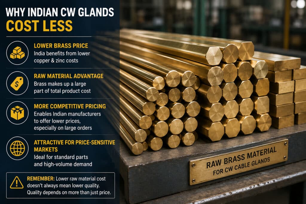 Stacked raw brass bars in an industrial workshop explain why Indian CW cable glands can cost less, showing how lower brass material prices affect large-volume cable gland production and purchasing decisions.